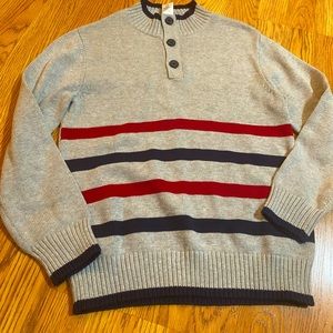 Gymboree gray sweater, red/navy stripes, navy buttons, never worn. Size boys 7-8